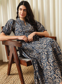 KALINI Floral Printed Mandarin Collar Puff Sleeves Cotton Fit and Flare Dress