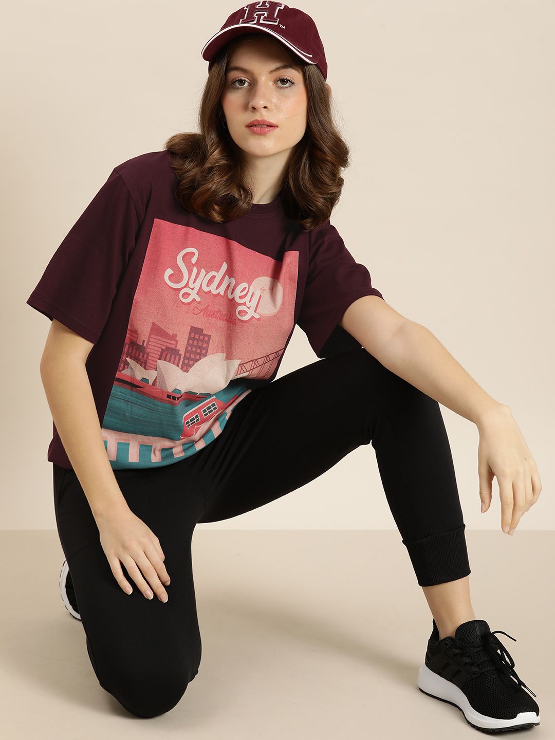 DILLINGER Women Maroon Varsity Printed Pure Cotton Oversized Pure Cotton T-shirt