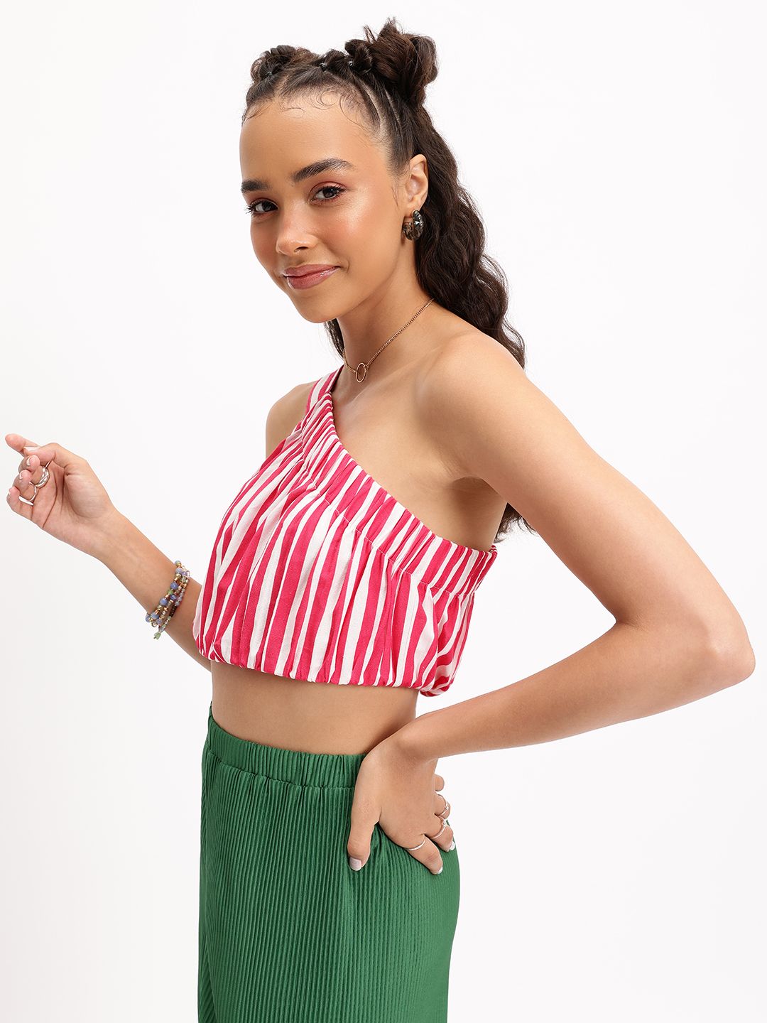 DressBerry Candy Stripes One-Shoulder Crop Top