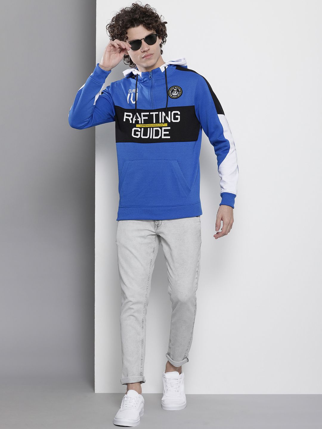 The Indian Garage Co Men Blue & Black Printed Hooded Sweatshirt