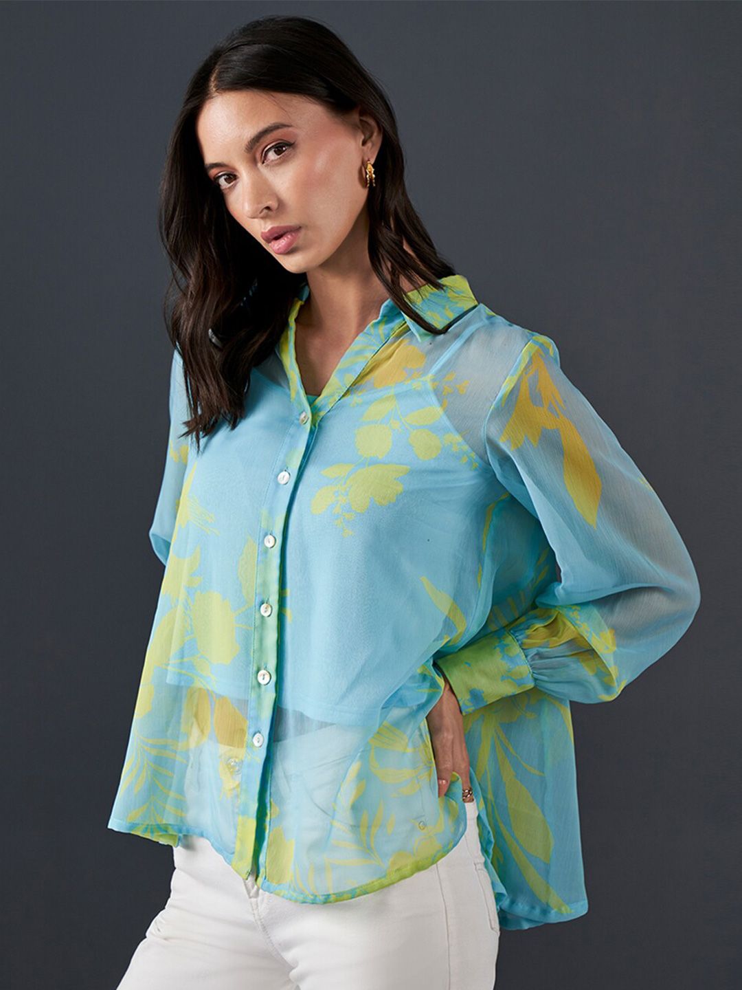 AND Abstract Printed Cuffed Sleeves Shirt Collar Style Top