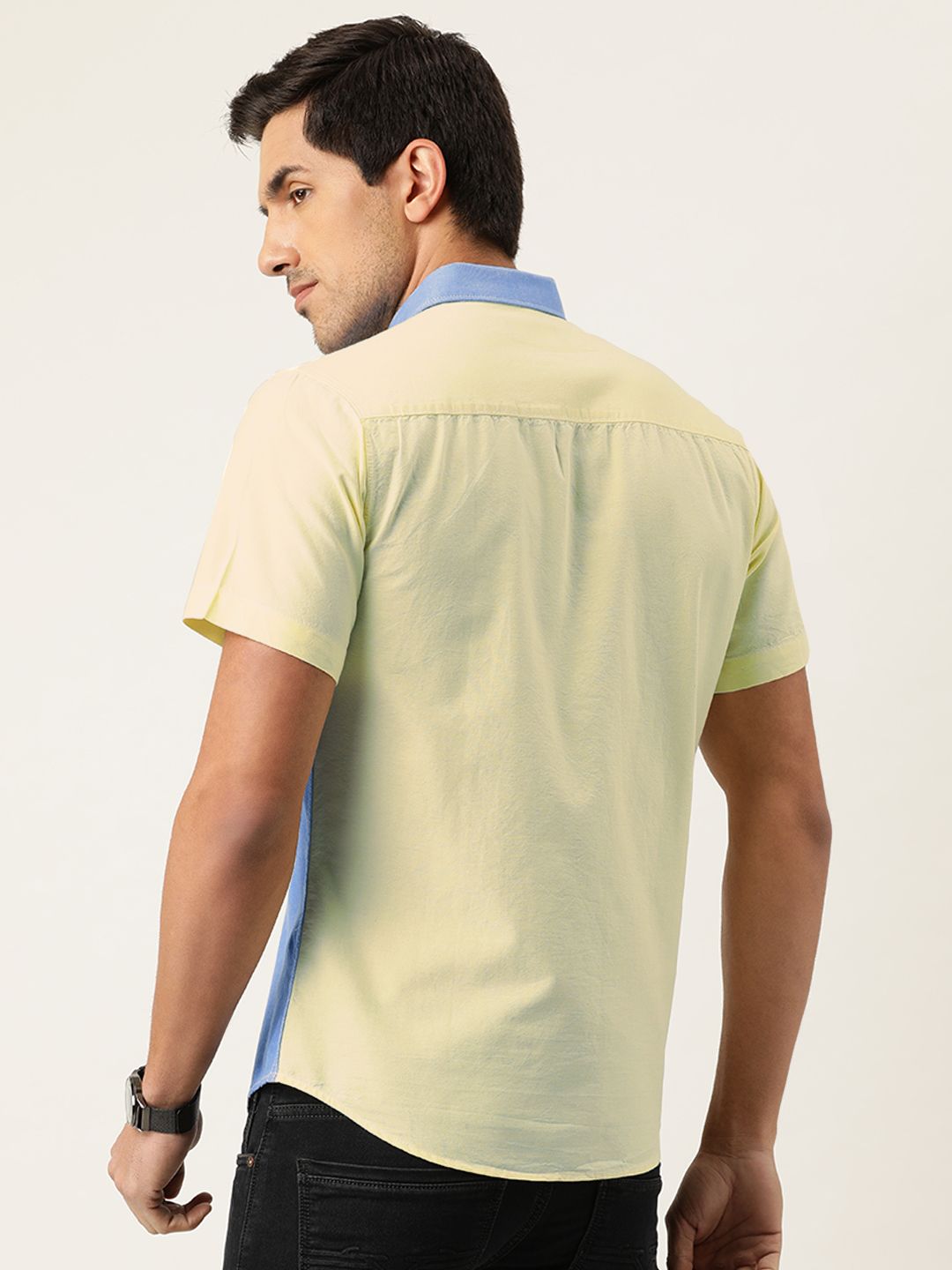 The Indian Garage Co Men Blue & Yellow Slim Fit Colourblocked Casual Shirt