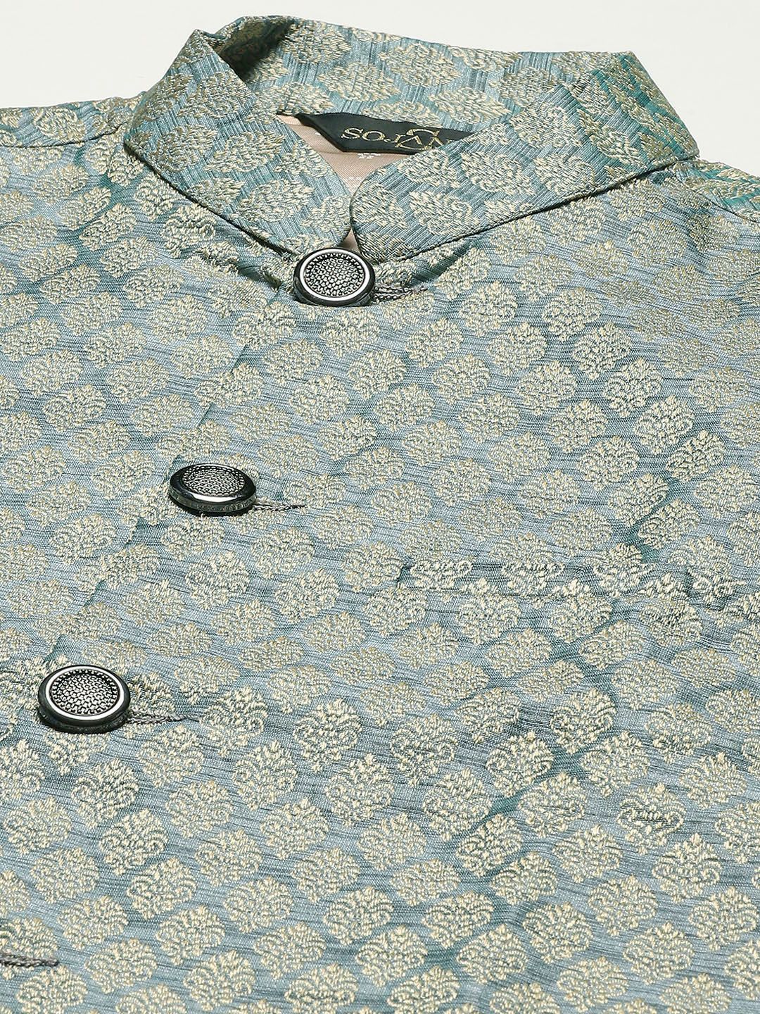SOJANYA Lelaki Black Chikankari Pure Cotton Kurta with Churidar & Nehrujacket
