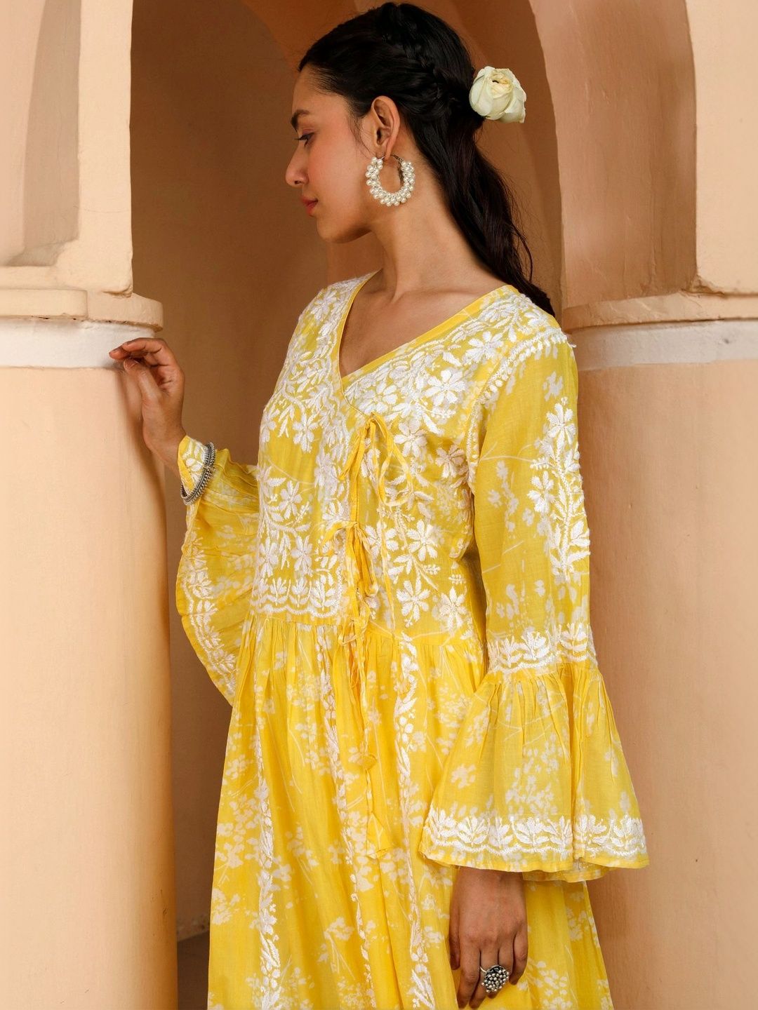 House of Chikankari Women Floral Embroidered Flared Sleeves Chikankari Indie Florals Kurta