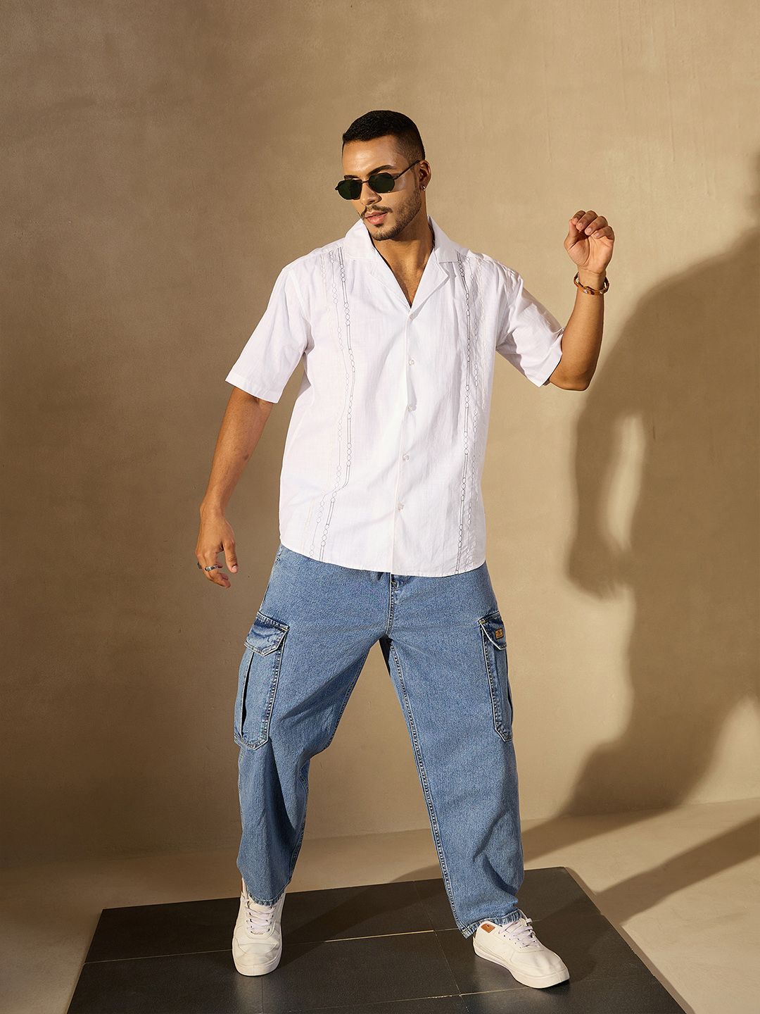DENNISON Men Embroidered Oversized Cuban Collar Short Slevees Casual Shirt
