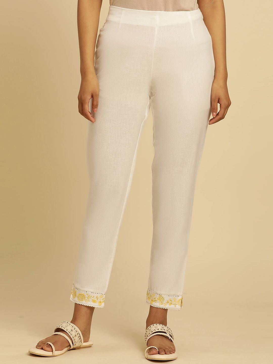 W Women White Straight Fit Cropped Ethnic Trouser