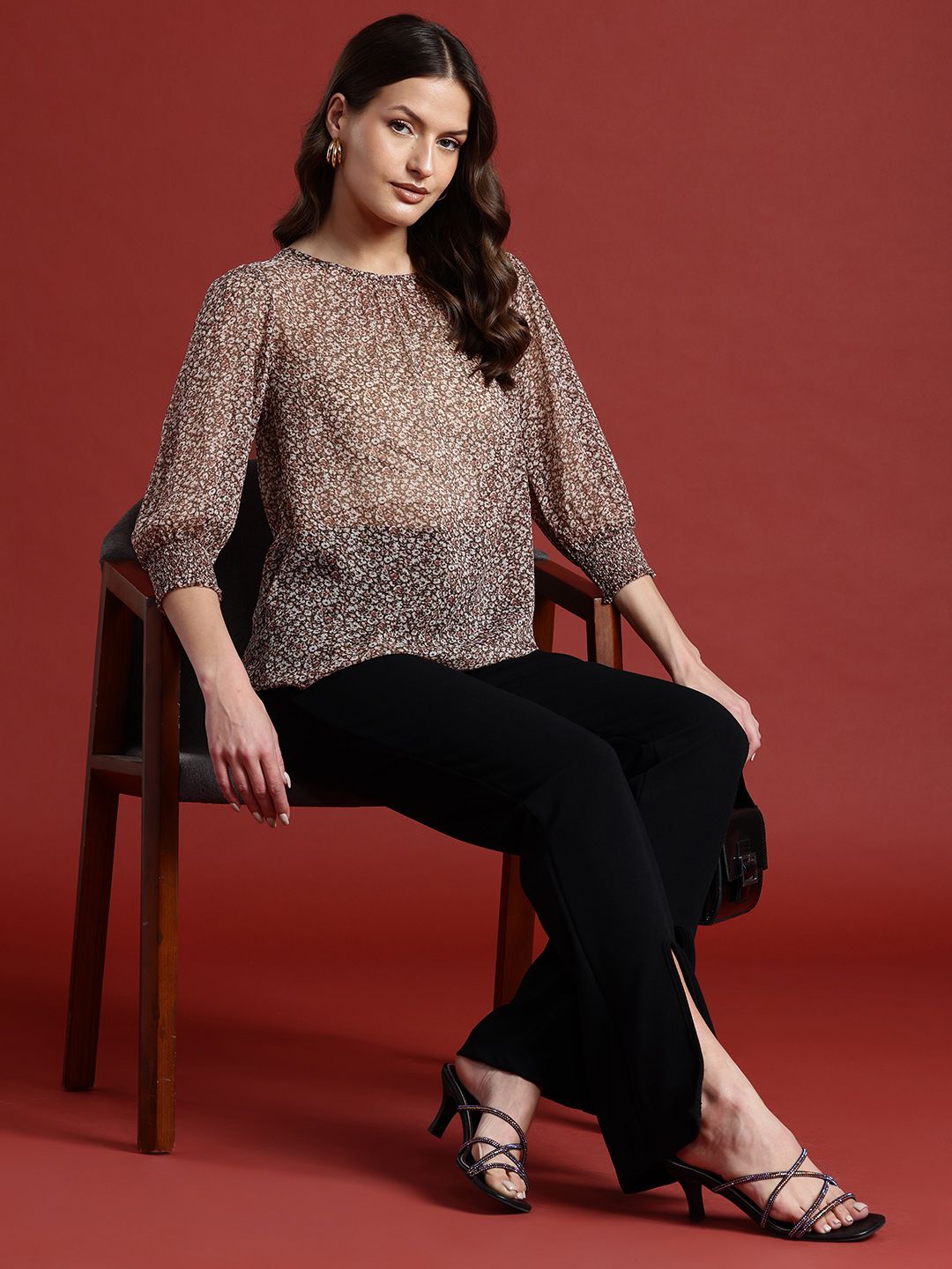 all about you Micro Ditsy Print Puff Sleeve Sheer Top