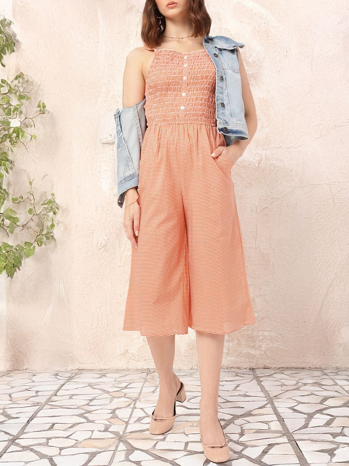 DressBerry Casual Getaway Gingham Checks Smocked Culotte Jumpsuit