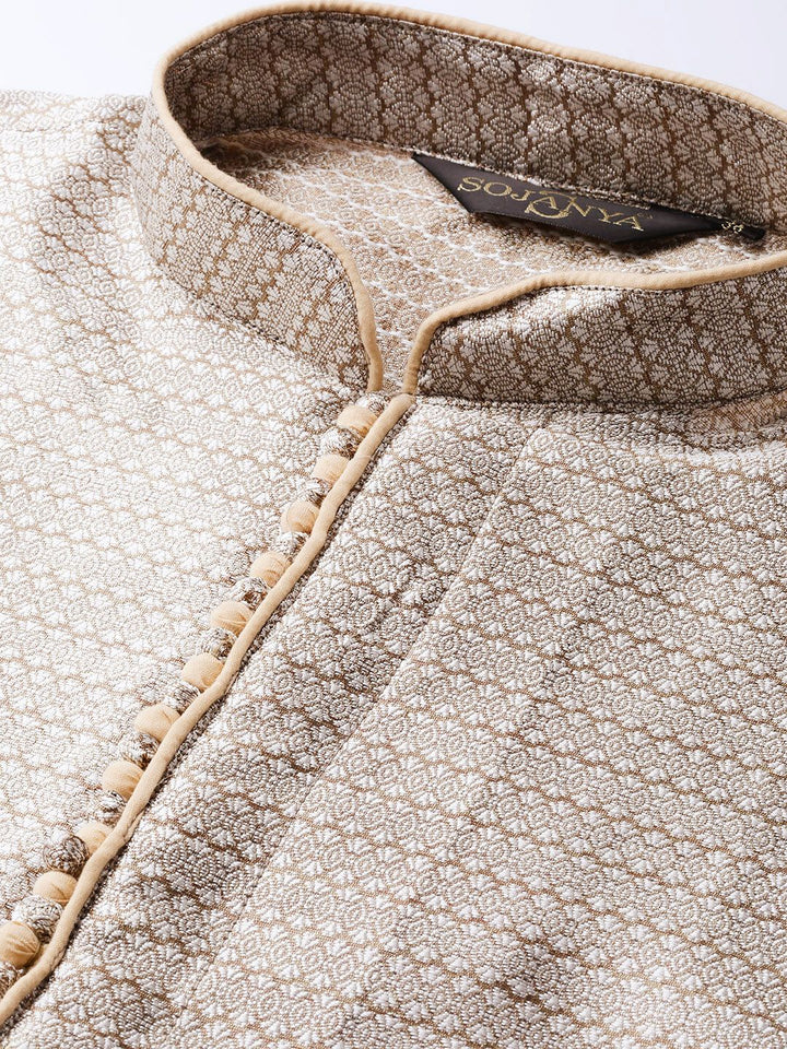 SOJANYA Men Beige & Off-White Woven Design Kurta Lurus