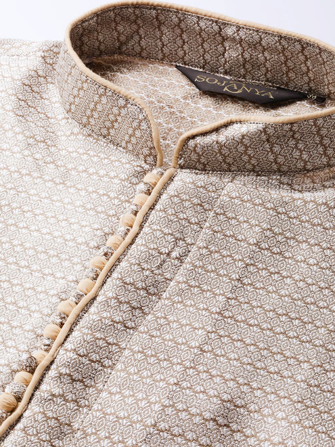 SOJANYA Men Beige & Off-White Woven Design Kurta Lurus