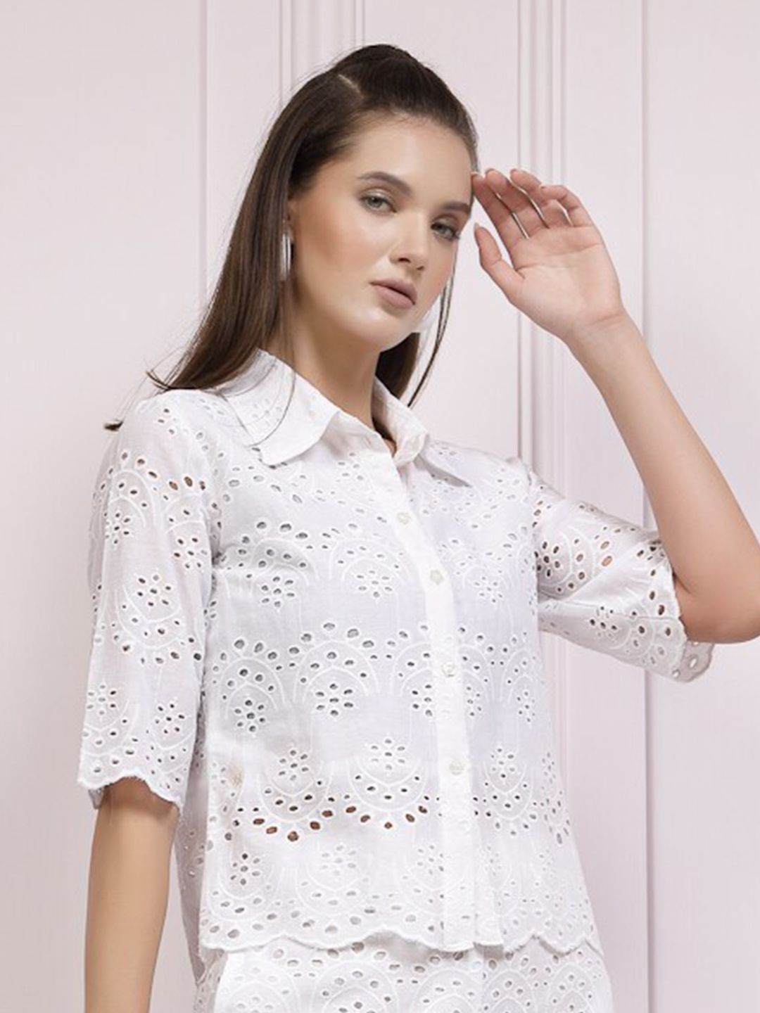 Athena Self Design Shirt Collar Schiffli Cotton Shirt Style Top