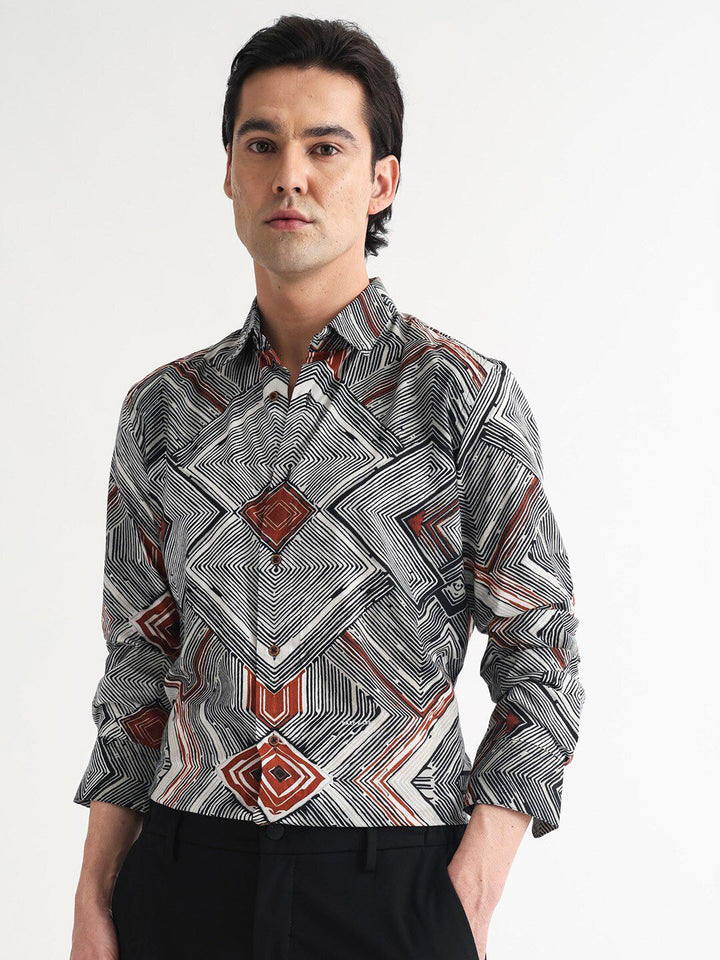 RARE RABBIT Men Sart Abstract Printed Slim Fit Cotton Shirt