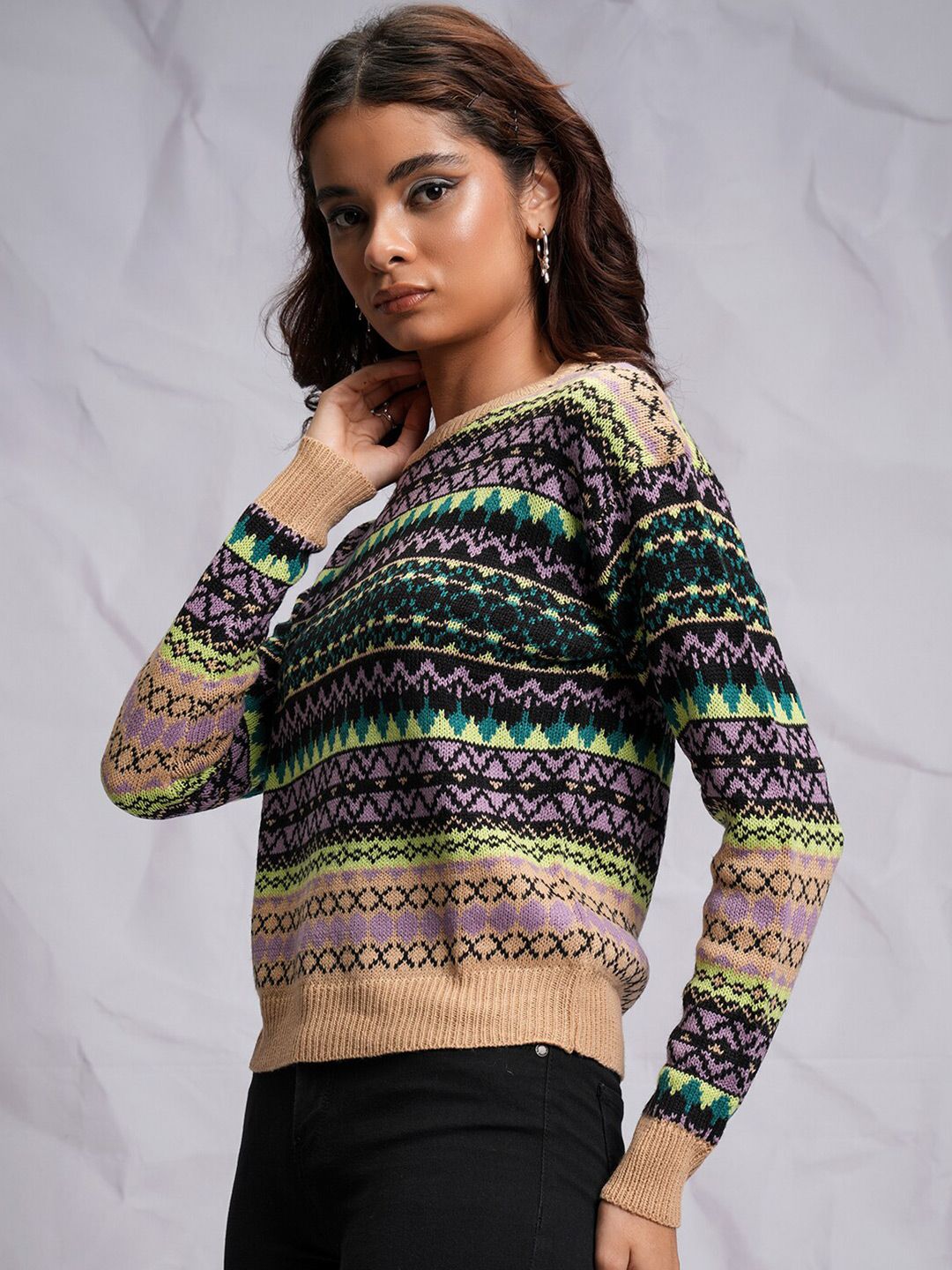 Tokyo Talkies Black Relaxed Fit Cable Knit Acrylic Pullover