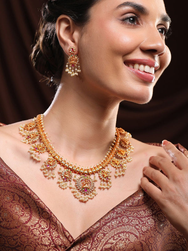 Rubans 24K Kalung Temple Lakshmi bersalut dengan Ruby Stones & Pearl Perincian
