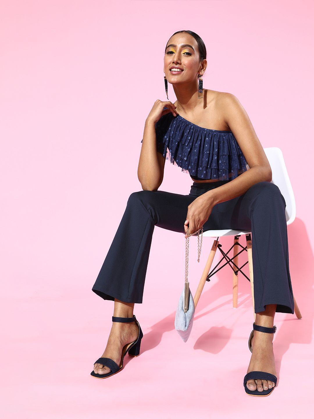 SASSAFRAS Women Navy Blue High-Rise Graduated Flare Trousers