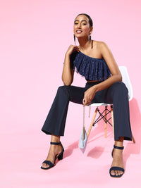 SASSAFRAS Women Navy Blue High-Rise Graduated Flare Trousers