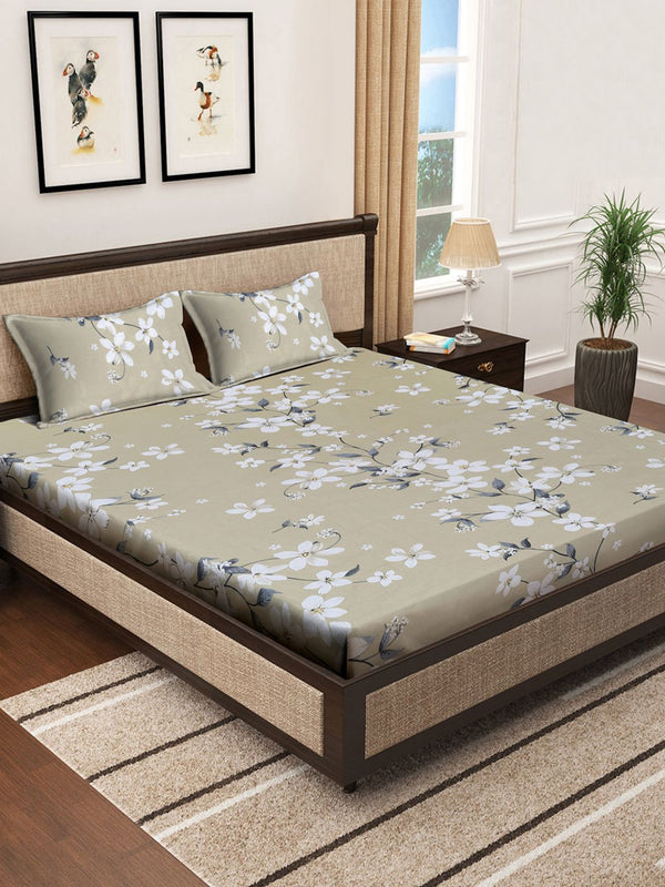 KLOTTHE Beige & White Floral Printed 400 TC Double King Bedsheet with 2 Pillow Cover