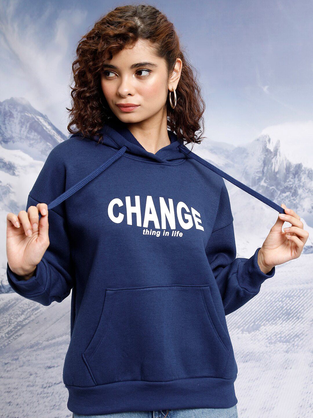 Tokyo Talkies Navy Blue Typography Printed Hooded Oversized Pullover
