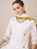 Indo era bunga bersulam bersulam kapas tulen Kurta lurus dengan seluar & dupatta