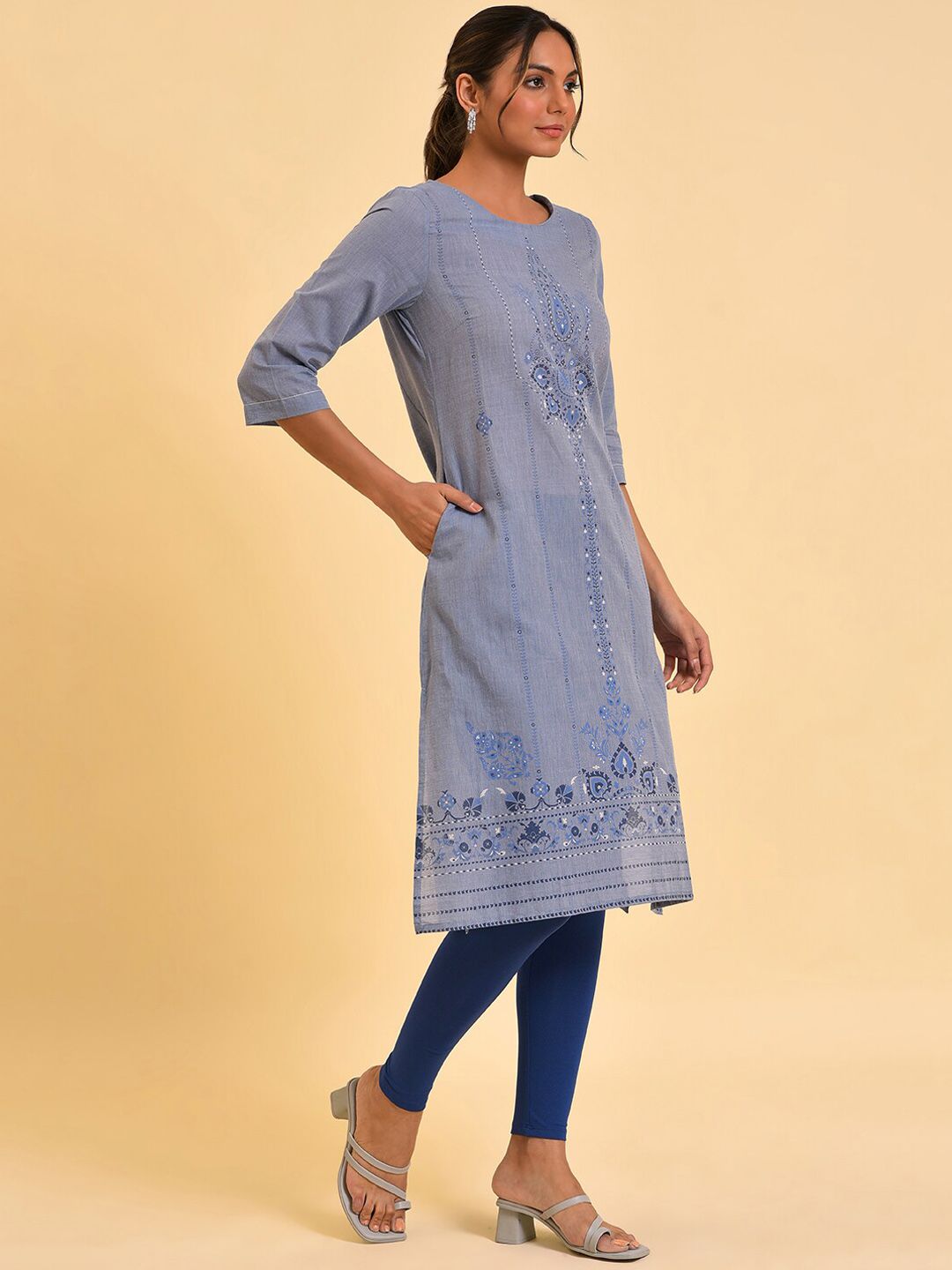 W Blue Ethnic Motifs Printed Pure Cotton Kurta