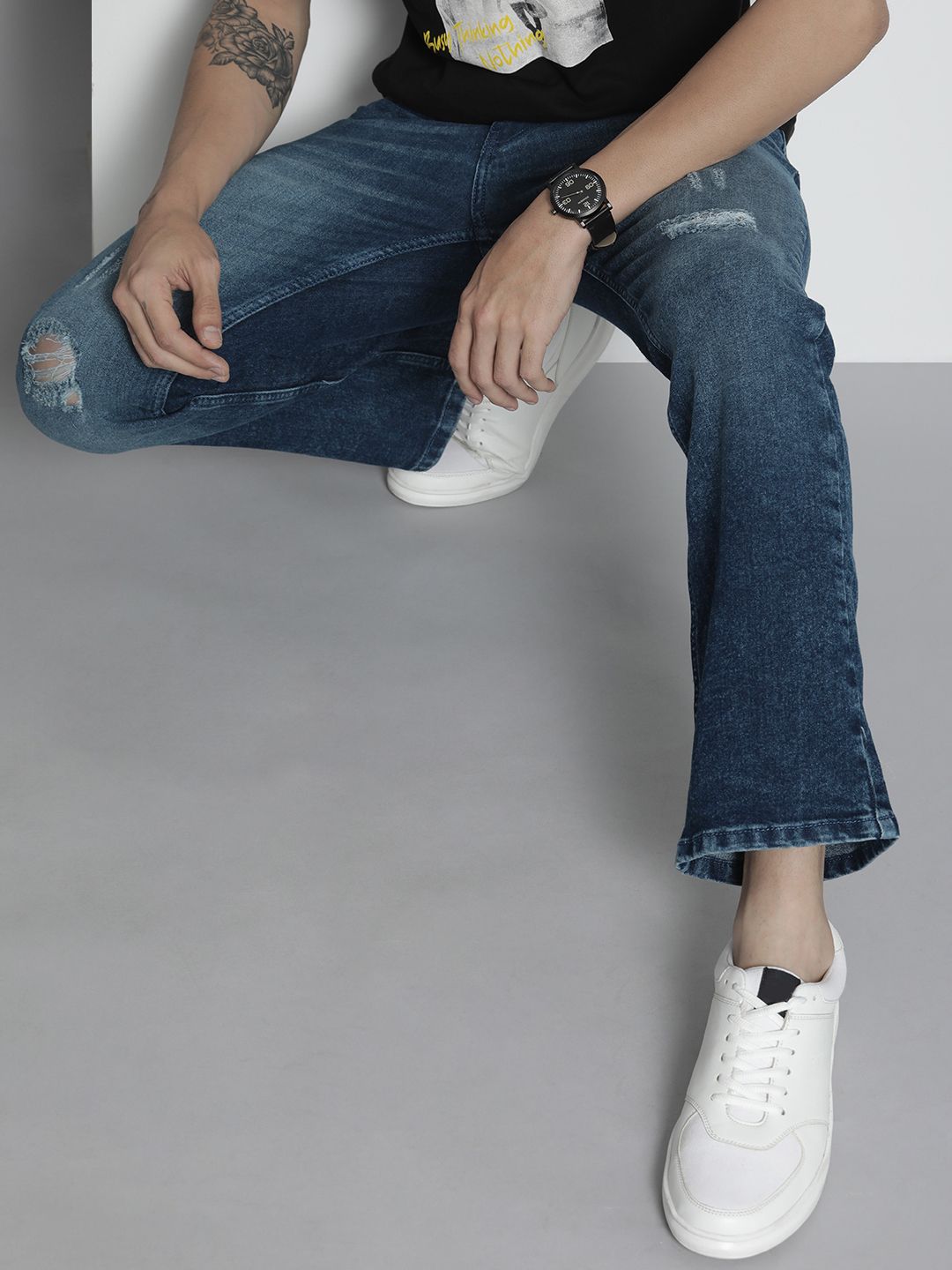 The Indian Garage Co Men Bootcut Mildly Distressed Light Fade Stretchable Jeans
