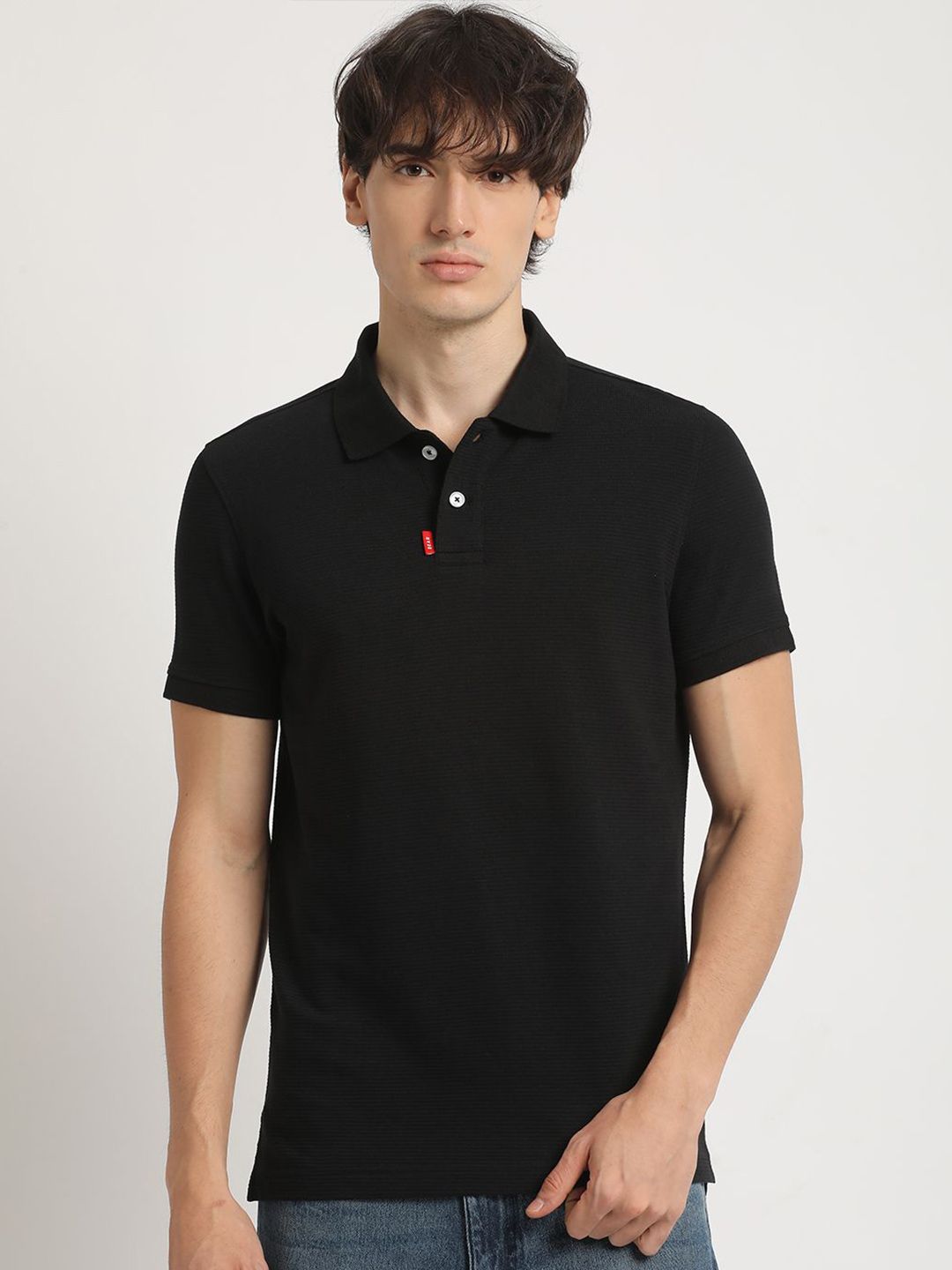 THE BEAR HOUSE Self Design Polo Collar Pure Cotton T-shirt