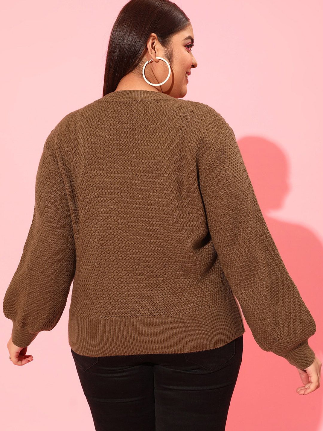 CURVY STREET Plus Size Women Brown Cable Knit Acrylic Pullover