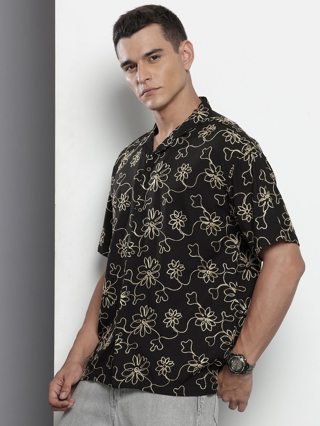 The Indian Garage Co Floral Embroidered Drop-Shoulder Sleeves Relaxed Fit Casual Shirt