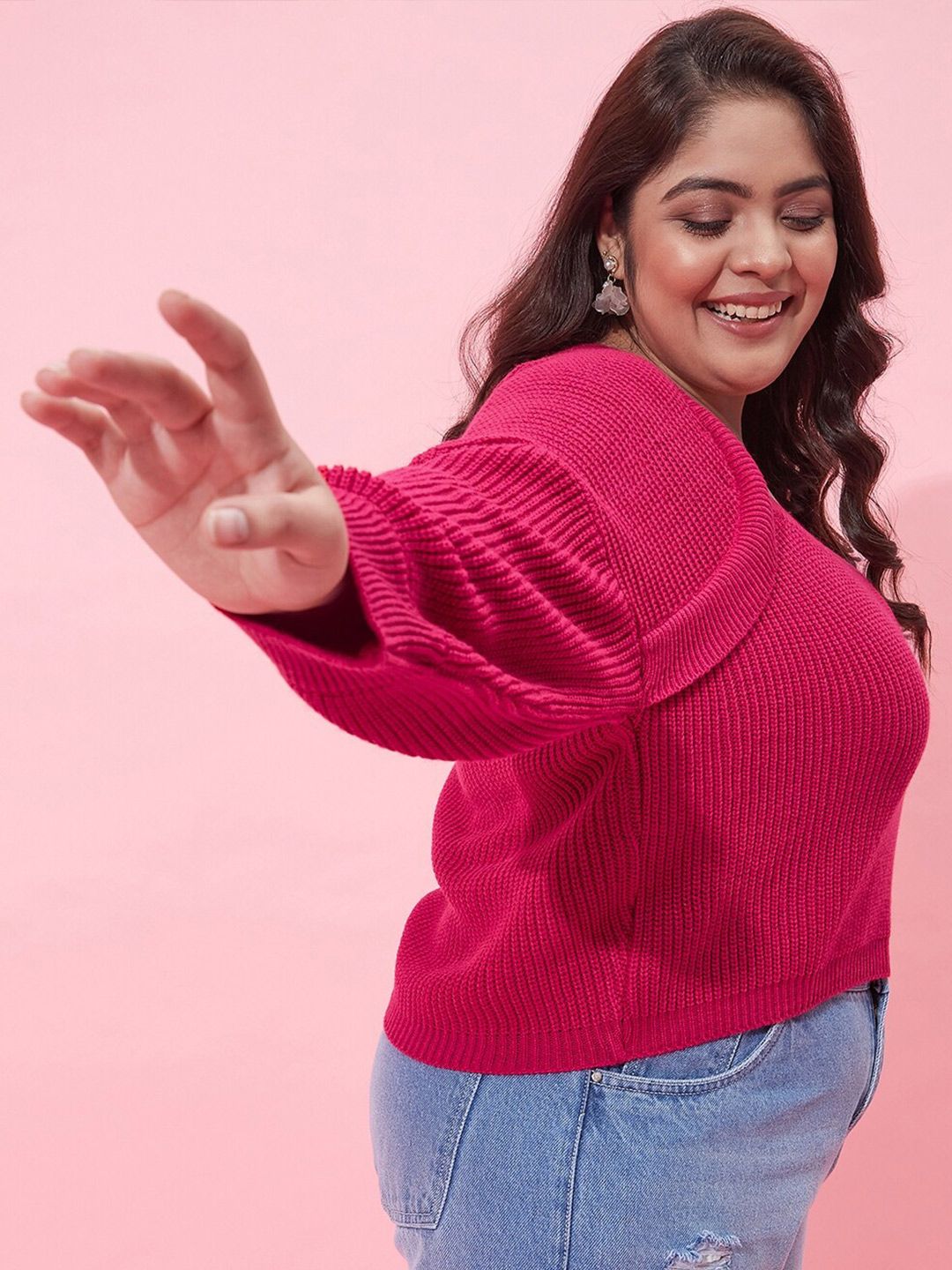 CURVY STREET Women Plus Size Ribbed Acrylic Crop Pullover