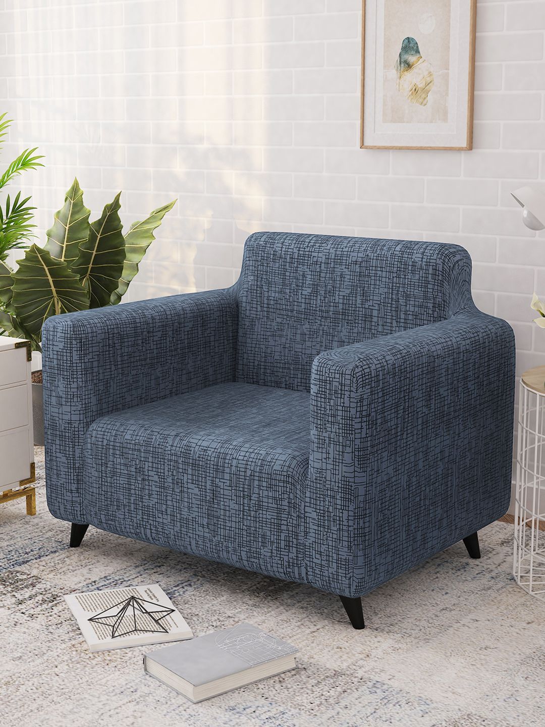 Story@home Grey & Black Printed 1 Seater Stretchable Sofa Cover With Arms