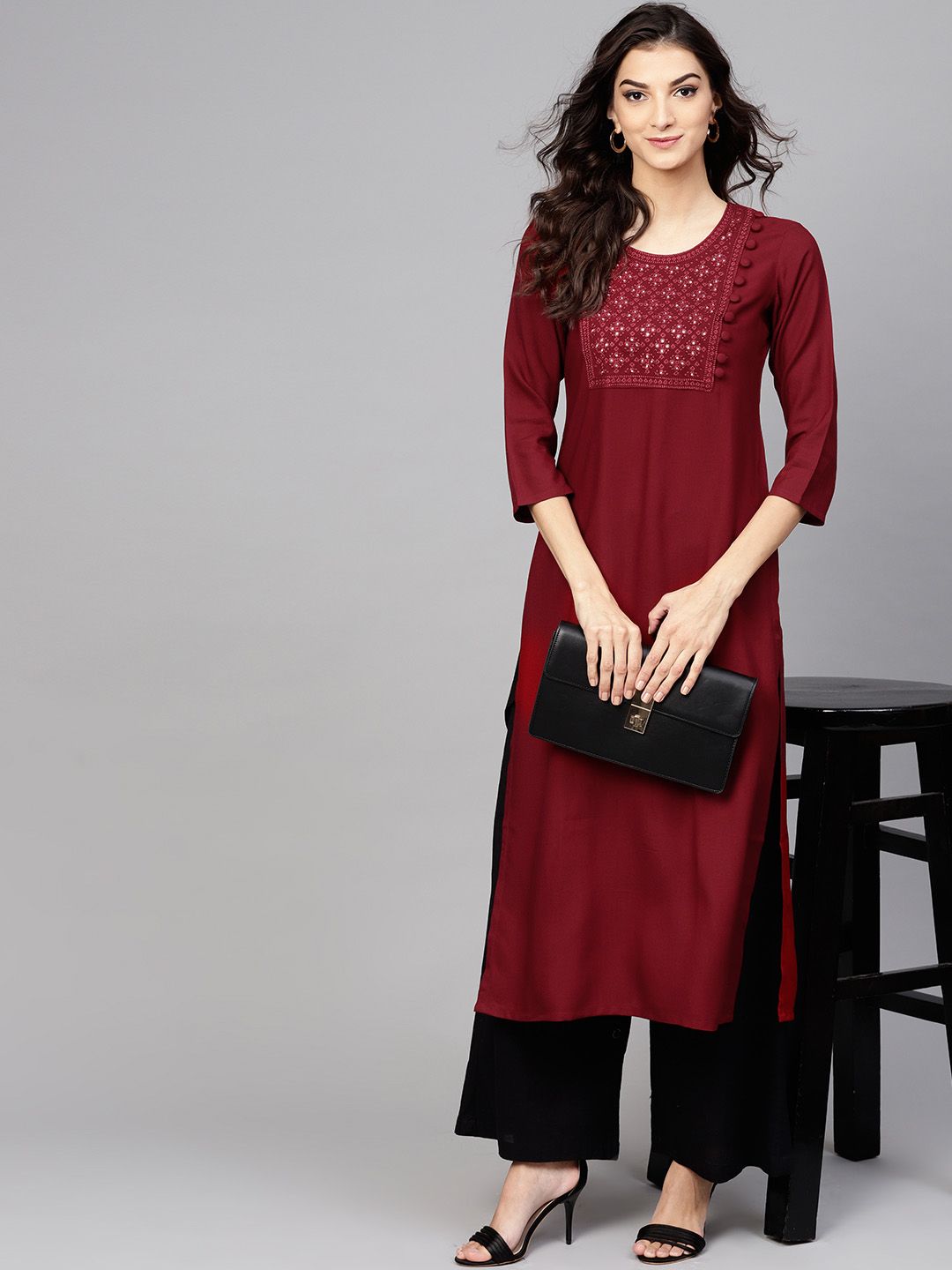 Libas Women Maroon Yoke Design Straight Kurta