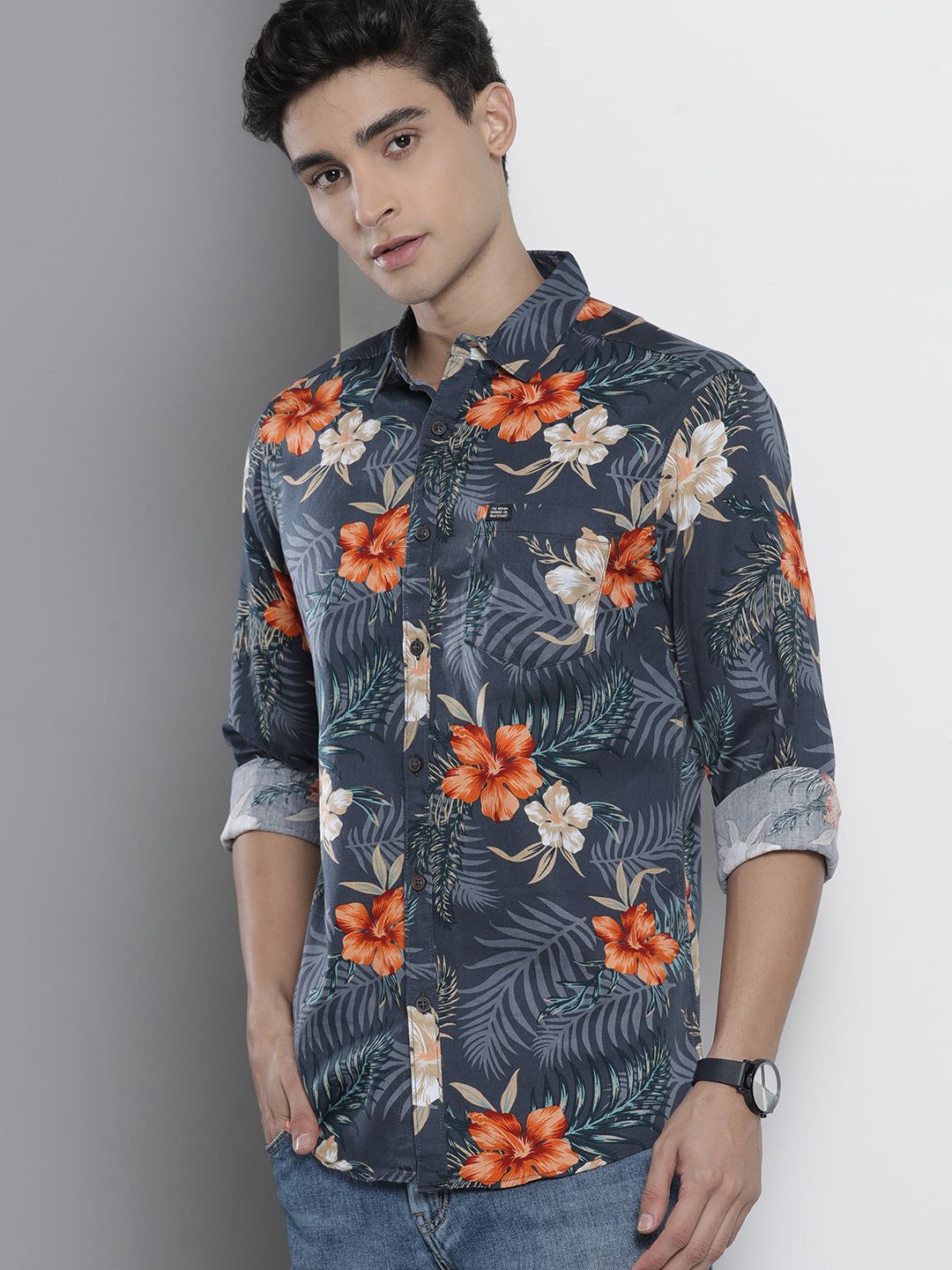 The Indian Garage Co Men Blue Cotton Classic Printed Casual Shirt