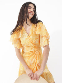 RAREISM Floral Printed Flared Sleeves Wrap Dress