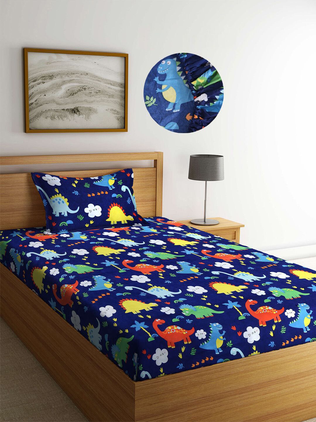 KLOTTHE Kids Cartoon Characters Printed 300 TC Fitted Single Bedsheet with 1 Pillow Cover