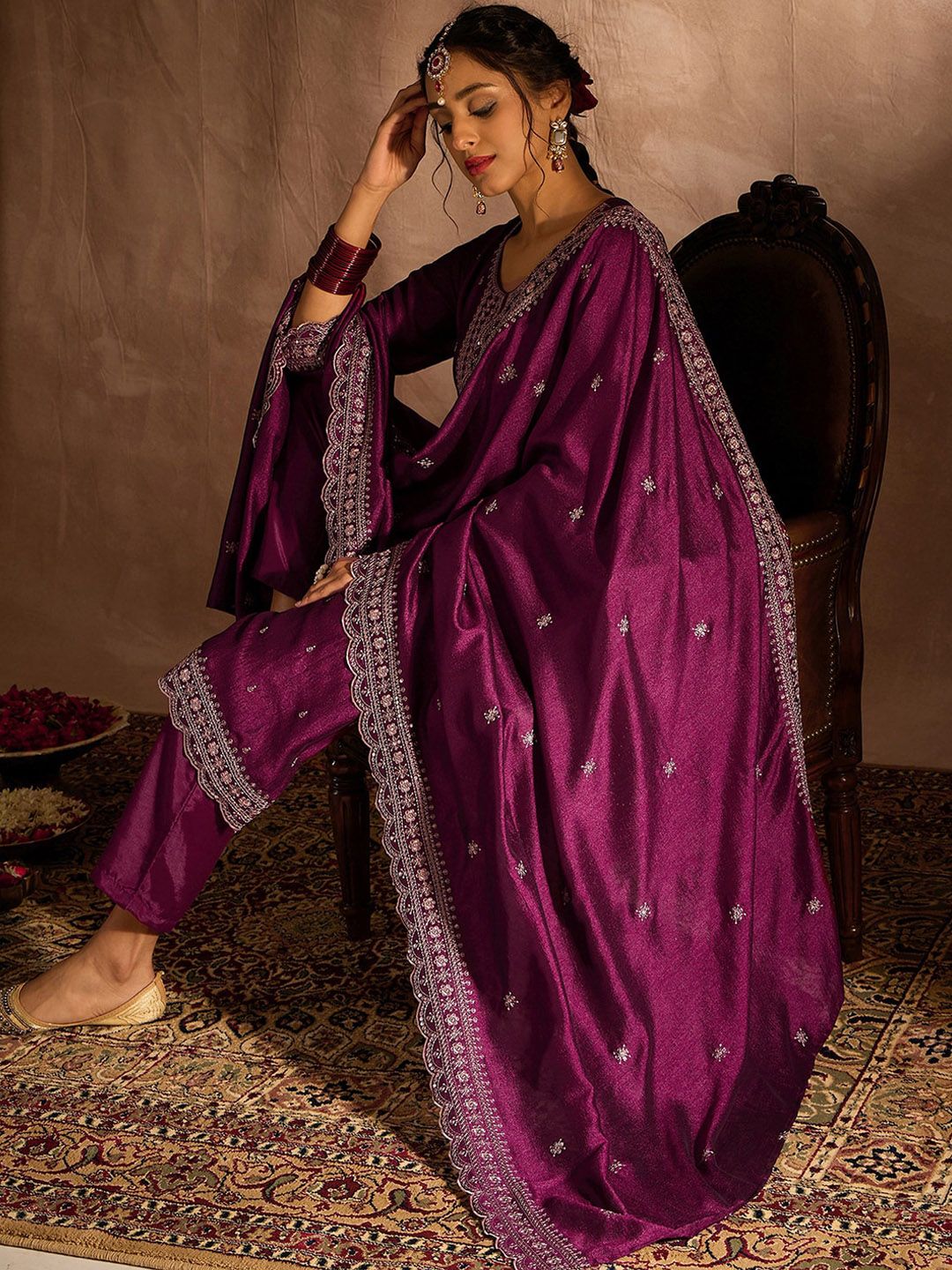 Indo Era Ethnic Motifs Embroidered Thread Work Kurta with Trousers & Dupatta