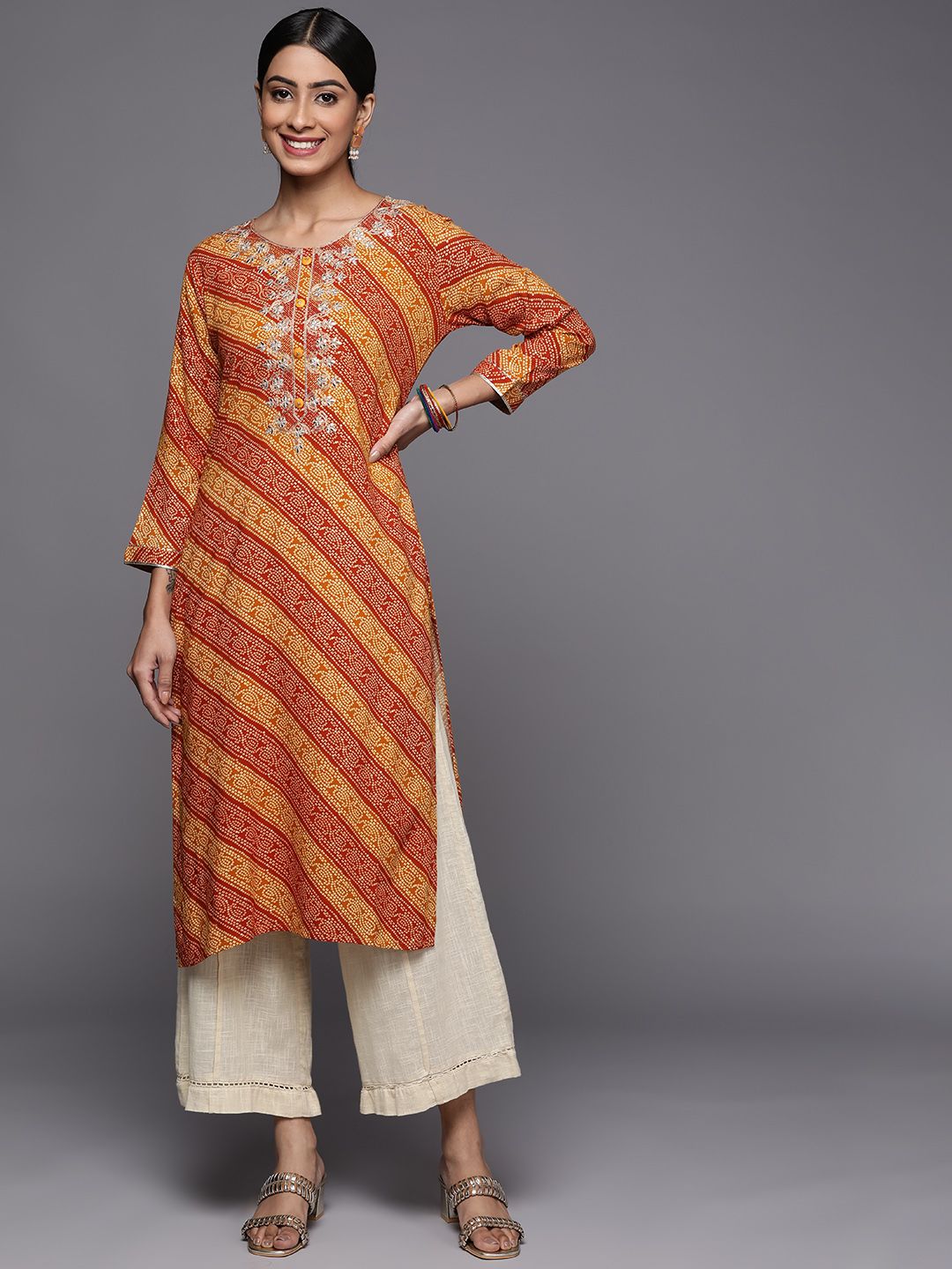 Varanga Women Mustard Yellow & Rust Bandhani Embroidered Gotta Patti Indie Prints Kurta
