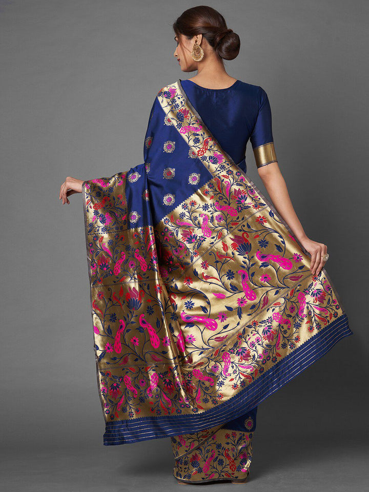 Saree mall Navy Blue & Gold-Toned Ethnic Motifs Zari Silk Blend Banarasi Sarees