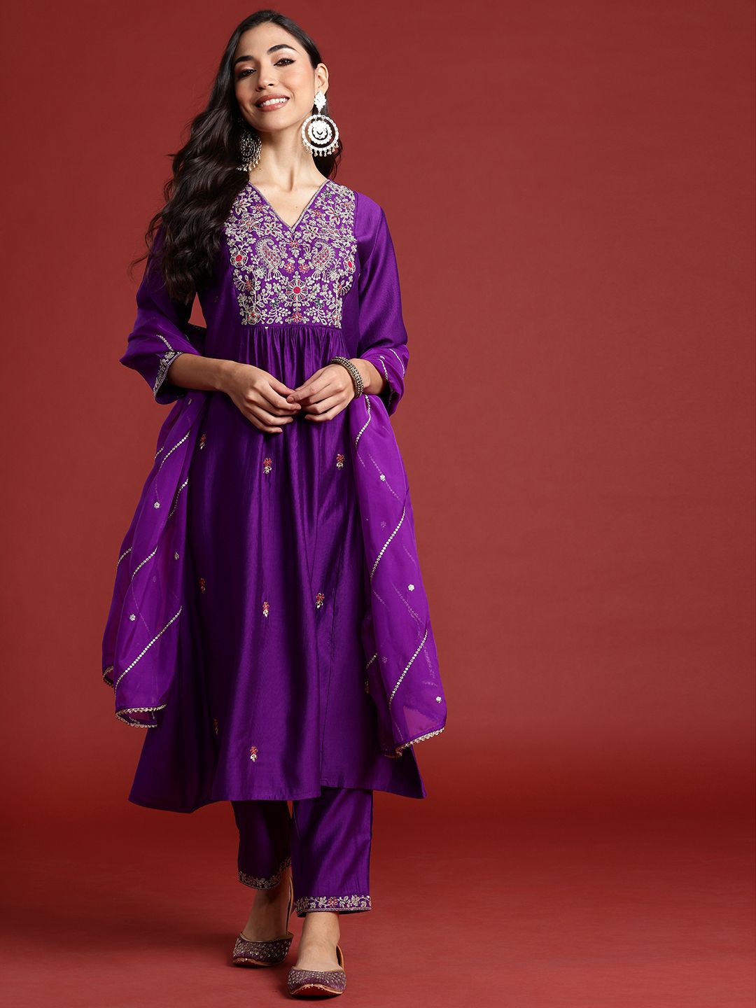 Indo Era Floral Embroidered Pleated Aari Work Liva Kurta With Trousers & Dupatta