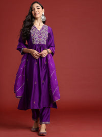 Indo Era Floral Embroidered Pleated Aari Work Liva Kurta With Trousers & Dupatta