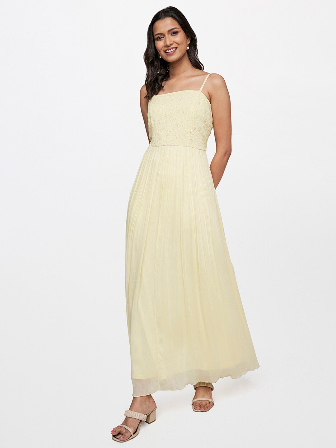 AND Women Lime Yellow Floral Schiffli A-Line Maxi Dress
