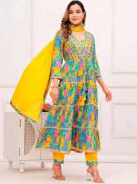 KALINI Floral Embroidered Mirror Work Anarkali Kurta With Trousers & Dupatta