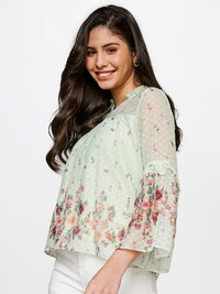 AND Women Sea Green & Maroon Floral Printed V-Neck Top