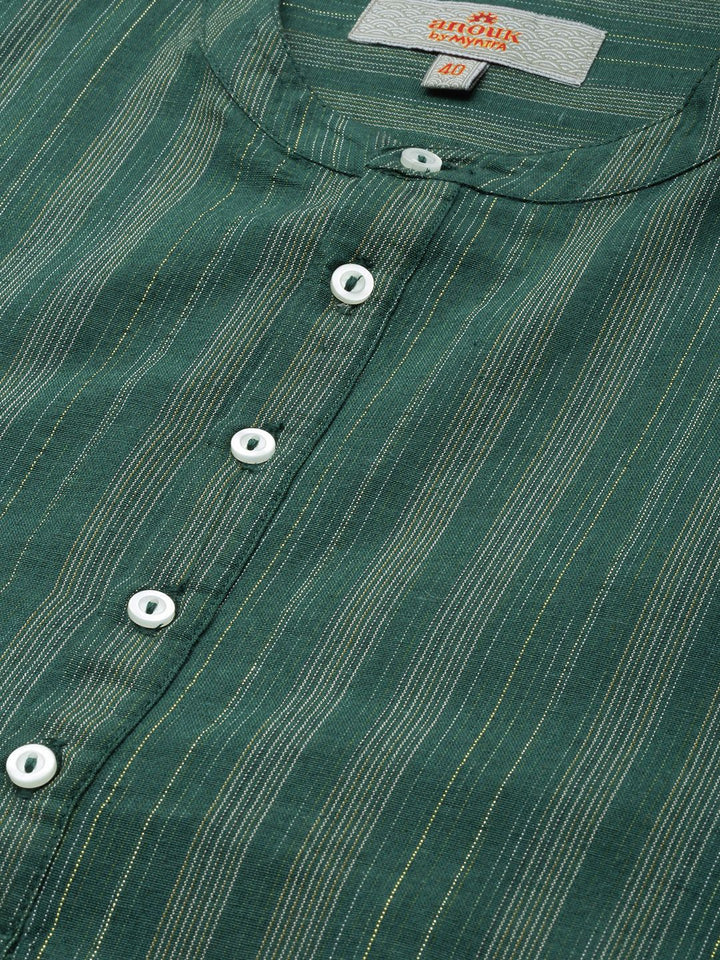 Anouk Men Green & Gold-Toned Striped Mandarin-Collar Kurta