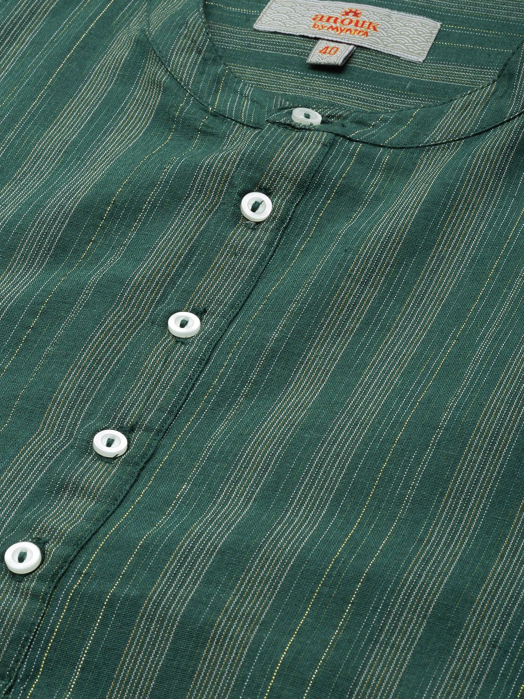 Anouk Men Green & Gold-Toned Striped Mandarin-Collar Kurta