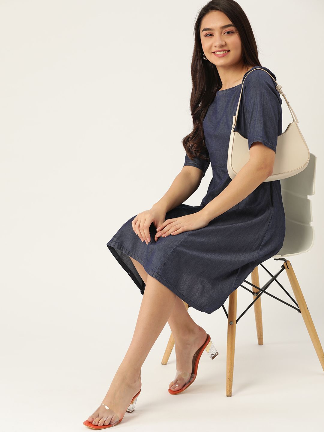 DressBerry Navy Blue Pure Cotton Chambray A-Line Dress
