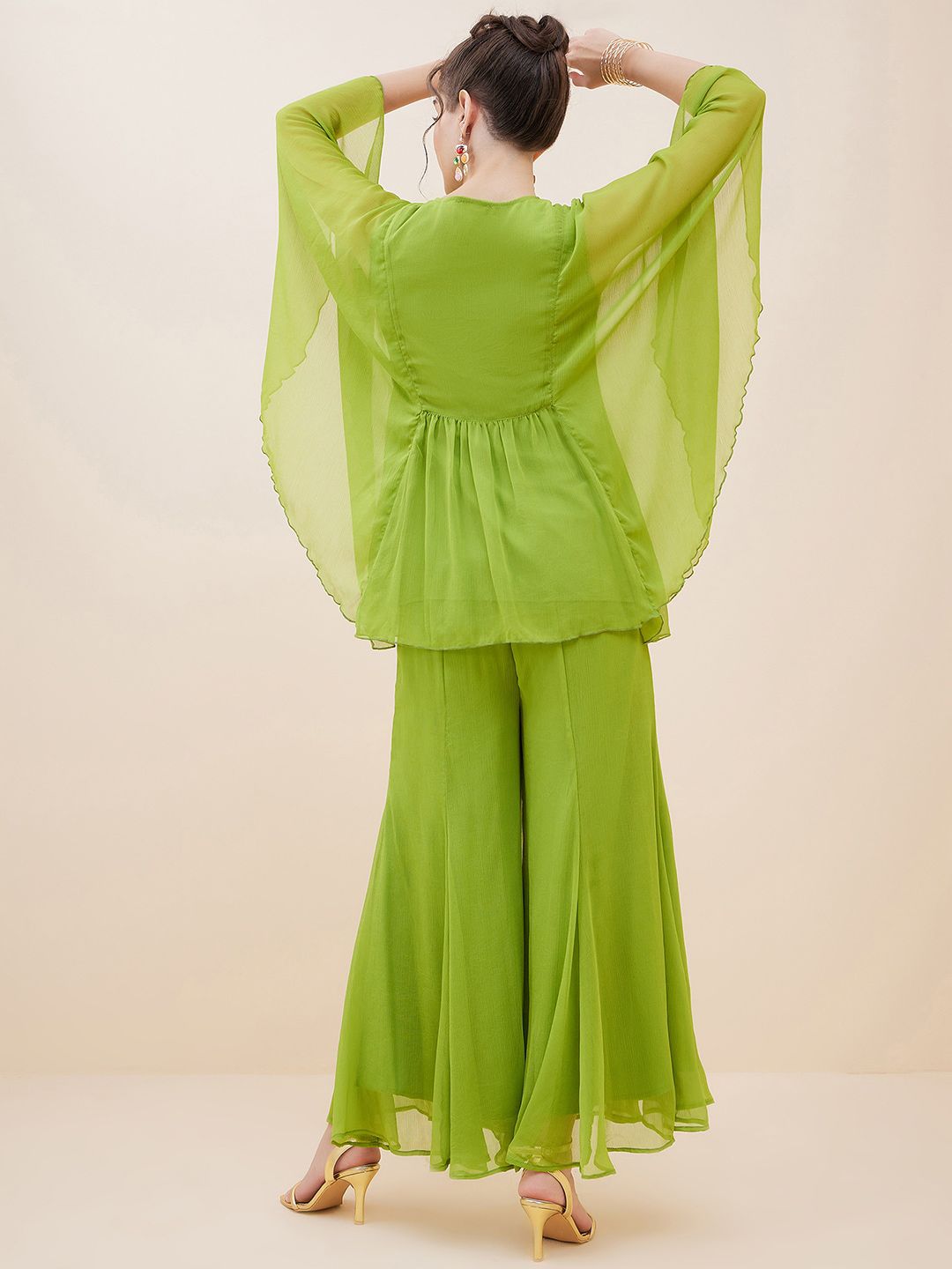 Antheaa Tie-Up Neck Extended Sleeves Beads and Stones Kaftan Top With Palazzos