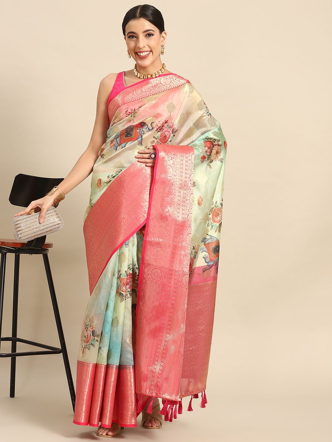 Silk Land Woven Kalamkari Art Silk Chanderi Digital Print Saree
