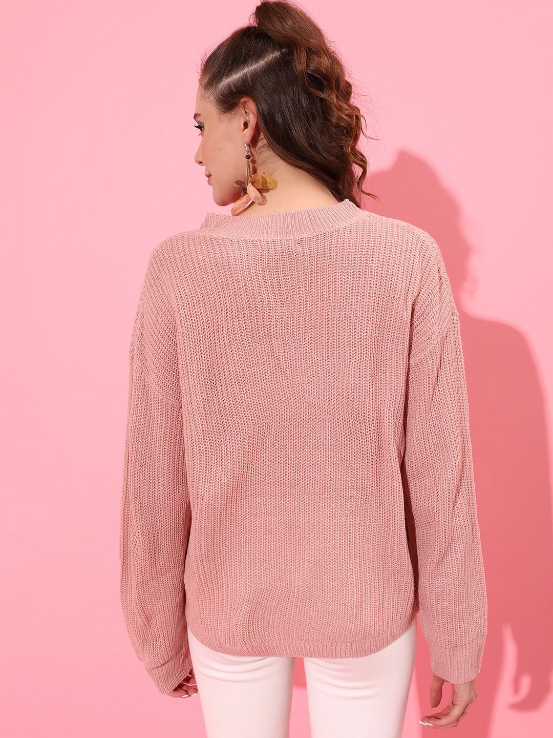 STREET 9 Women Peach-Coloured Cable Knit Longline Pullover