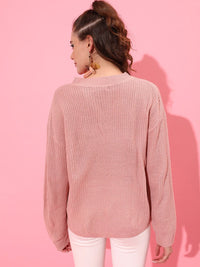 STREET 9 Women Peach-Coloured Cable Knit Longline Pullover