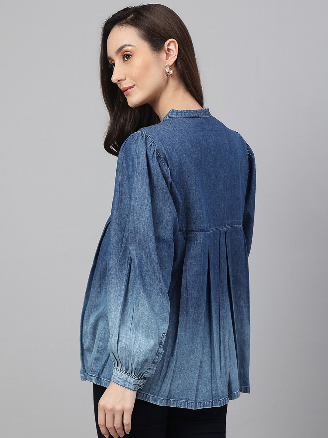Janasya Women's Blue Denim Faded Flared Top
